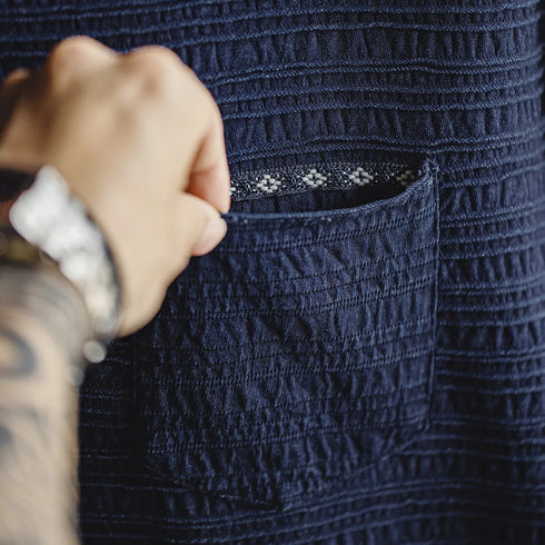 Retro Indigo Jacquard T-Shirt – Men’s Textured Knit Summer Tee